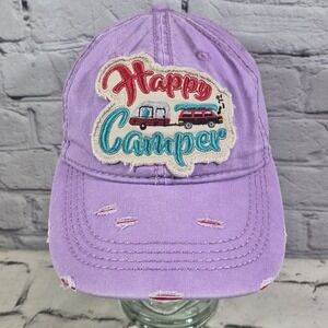 Happy Camper‎ Hat Womens Purple Distressed One Size Adjustable Hat